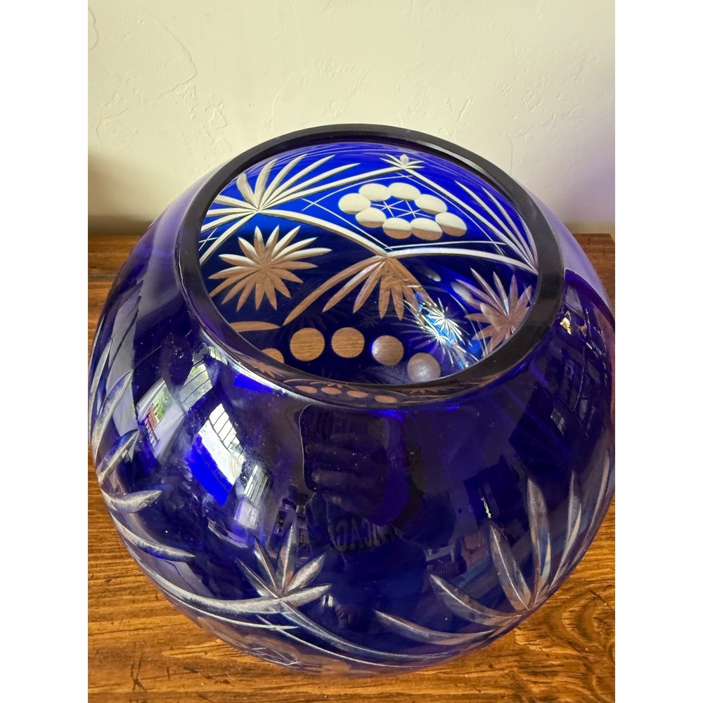 Cobalt Blue Cut to Clear Glass Rose Bowl Vase Star Fan Round Orb Bohemian 6.5" - Picture 3 of 11